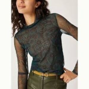 Anthropologie Floral Mesh Long Sleeve Mock Neck Sheer Top, Black & Green, Medium